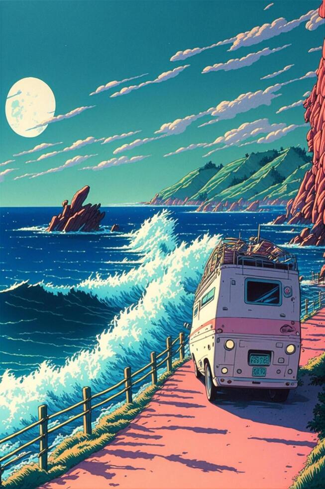 90s Japans animatie kunihiko ikuhara stijl de zee. generatief ai. foto