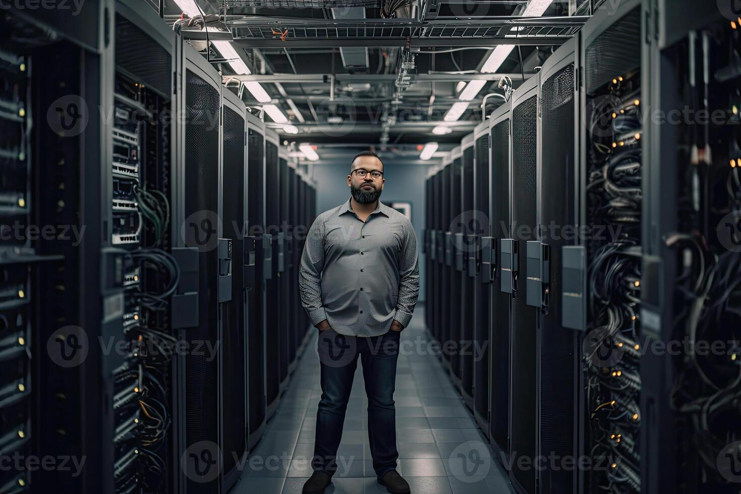 mannetje ingenieur in server kamer. gegevens centrum onderhoud. generatief ai foto