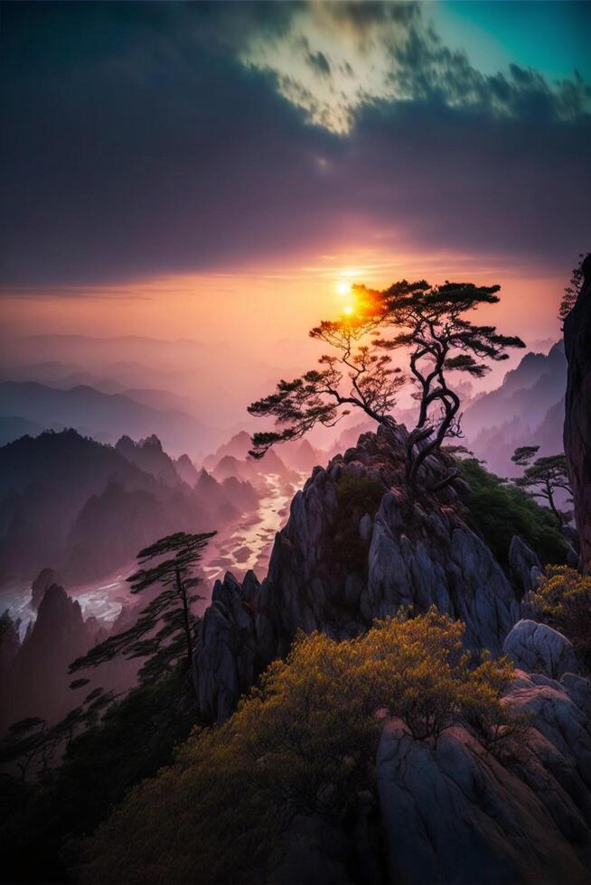 huangshan zonsopkomst. de wolken Aan de top van de berg. generatief ai. foto