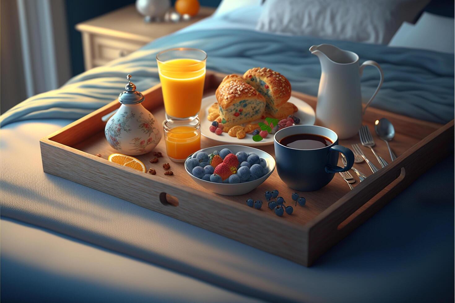 ontbijt Aan een bed in een knus hotel kamer. generatief ai foto