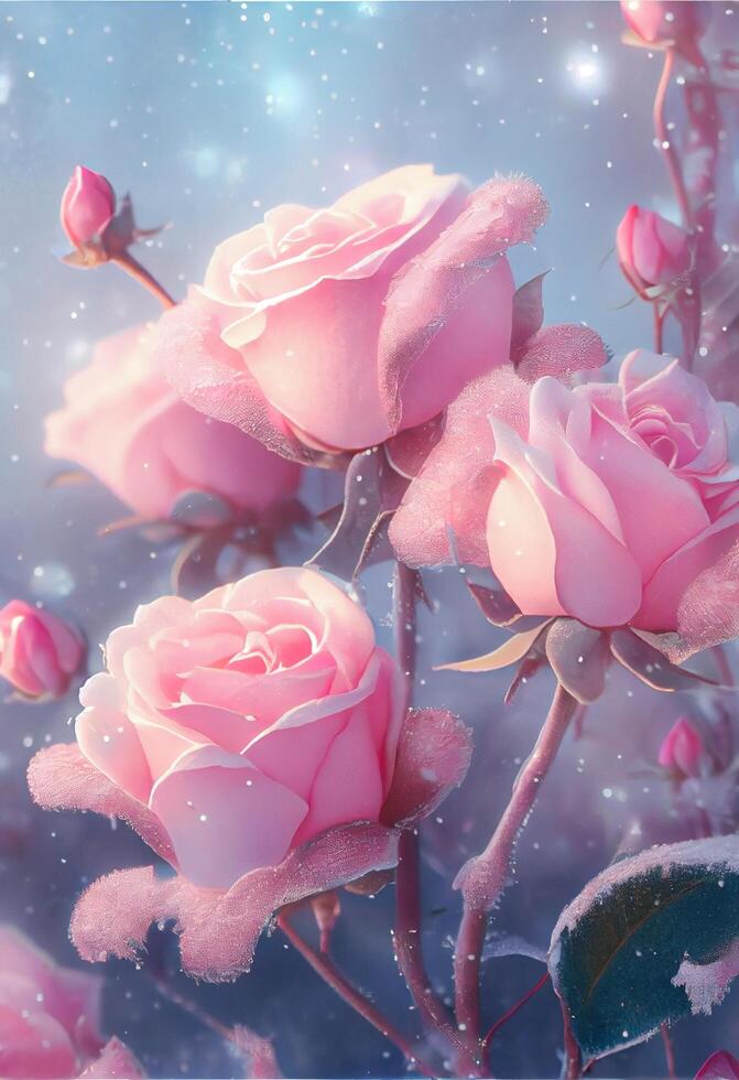 veel hoog roze rozen zijn gedekt met transparant sneeuw. generatief ai. foto