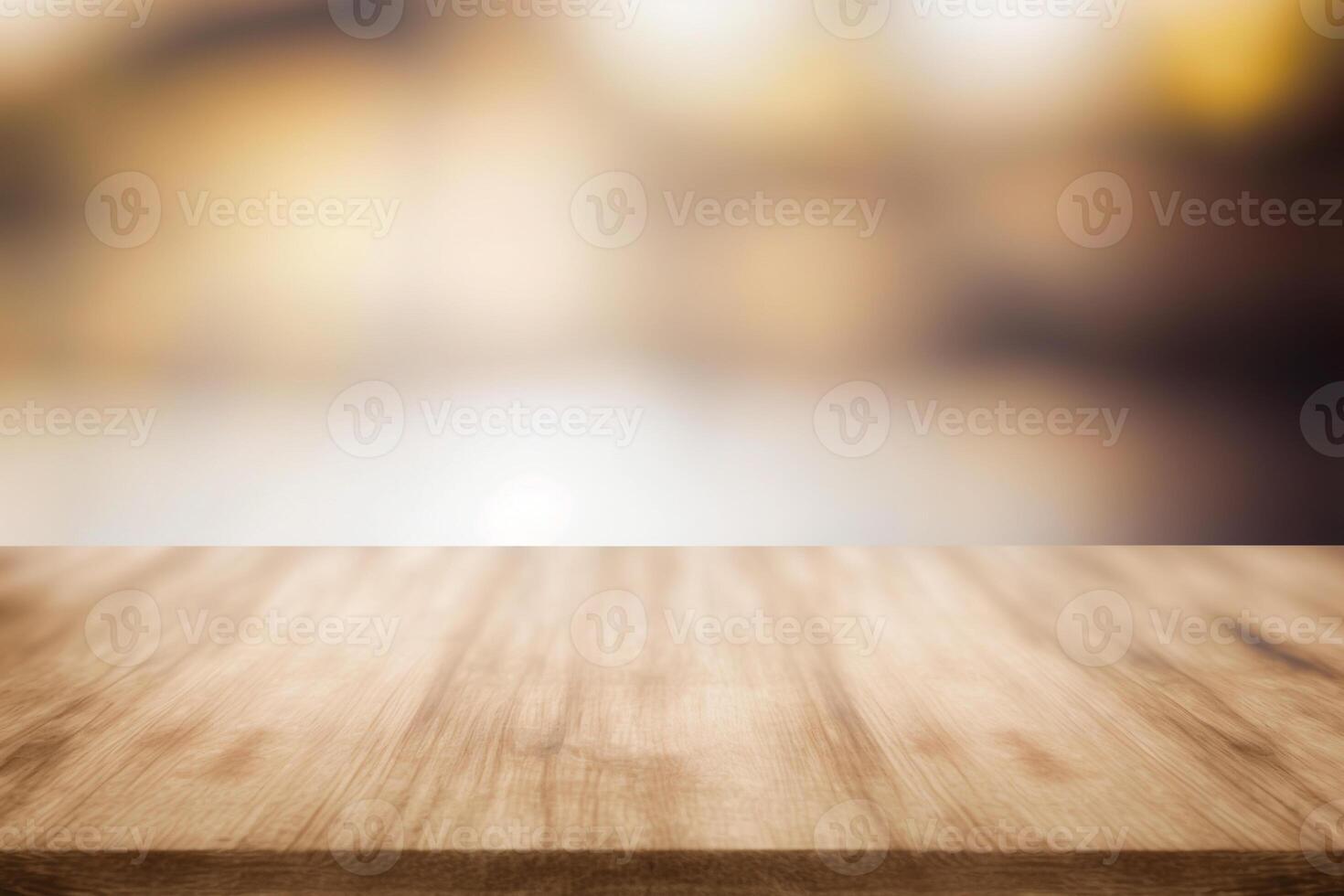 hout tafel top Aan licht vervagen achtergrond leeg bruin hout tafel ai gegenereerd foto