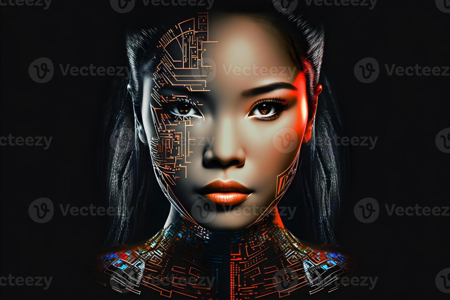 ai gegenereerd detailopname portret van cybernetisch kunstmatig vrouw android robot foto