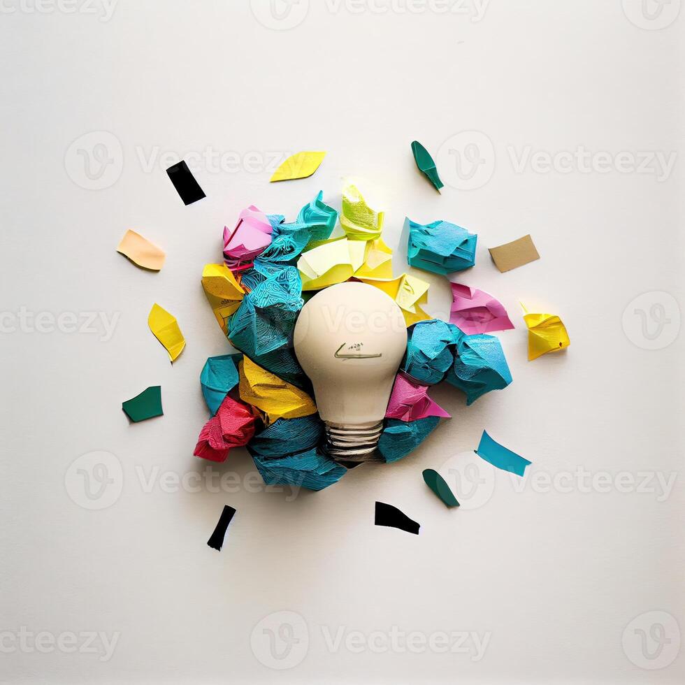 nieuw idee concept met verfrommeld kantoor papier en licht lamp. inspiratie concept verfrommeld papier licht lamp metafoor voor kiezen de het beste idee. generatief ai. foto