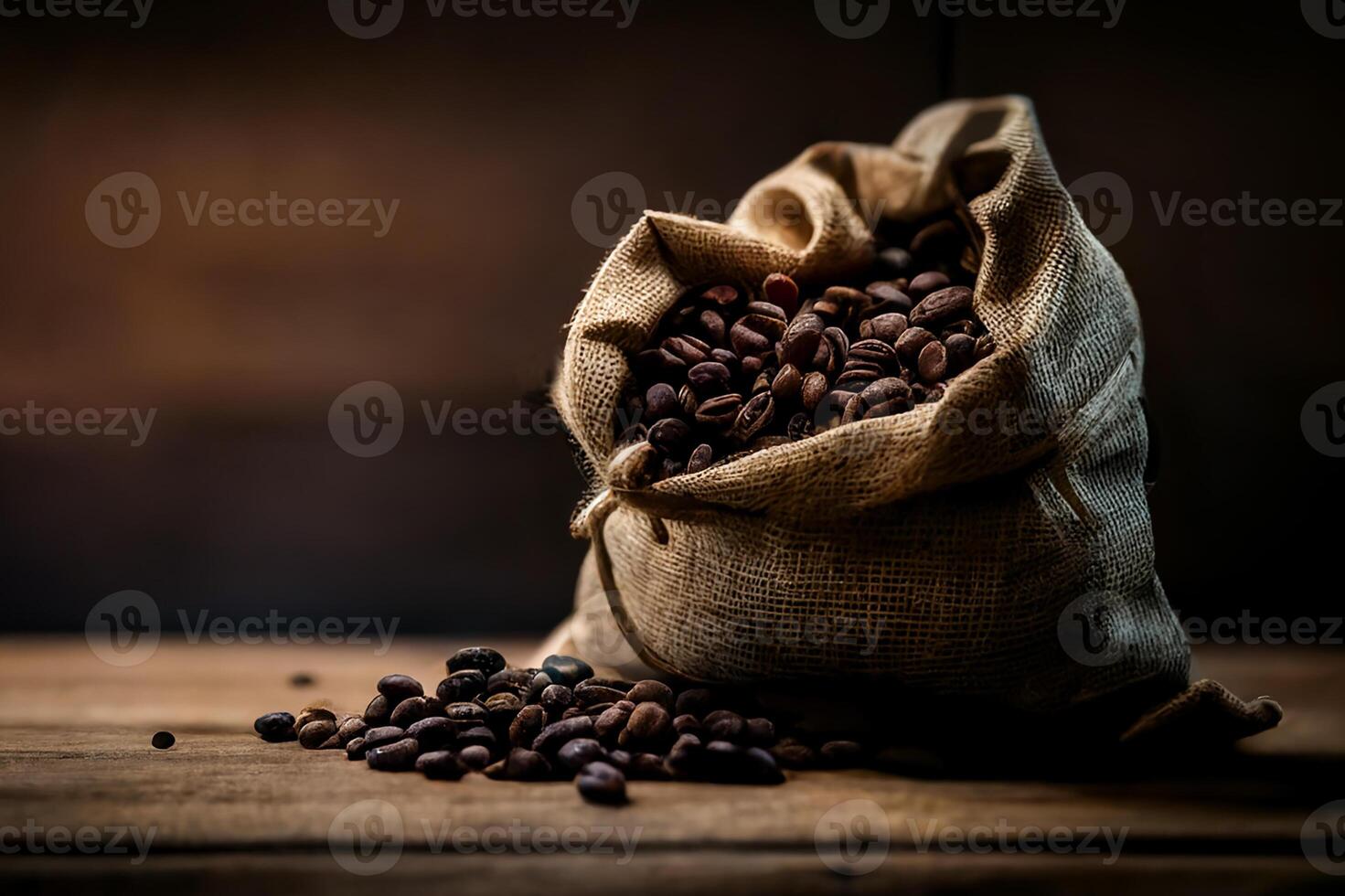 koffie bonen in een zak Aan de tafel, bruin donker achtergrond. oogsten. generatief ai foto