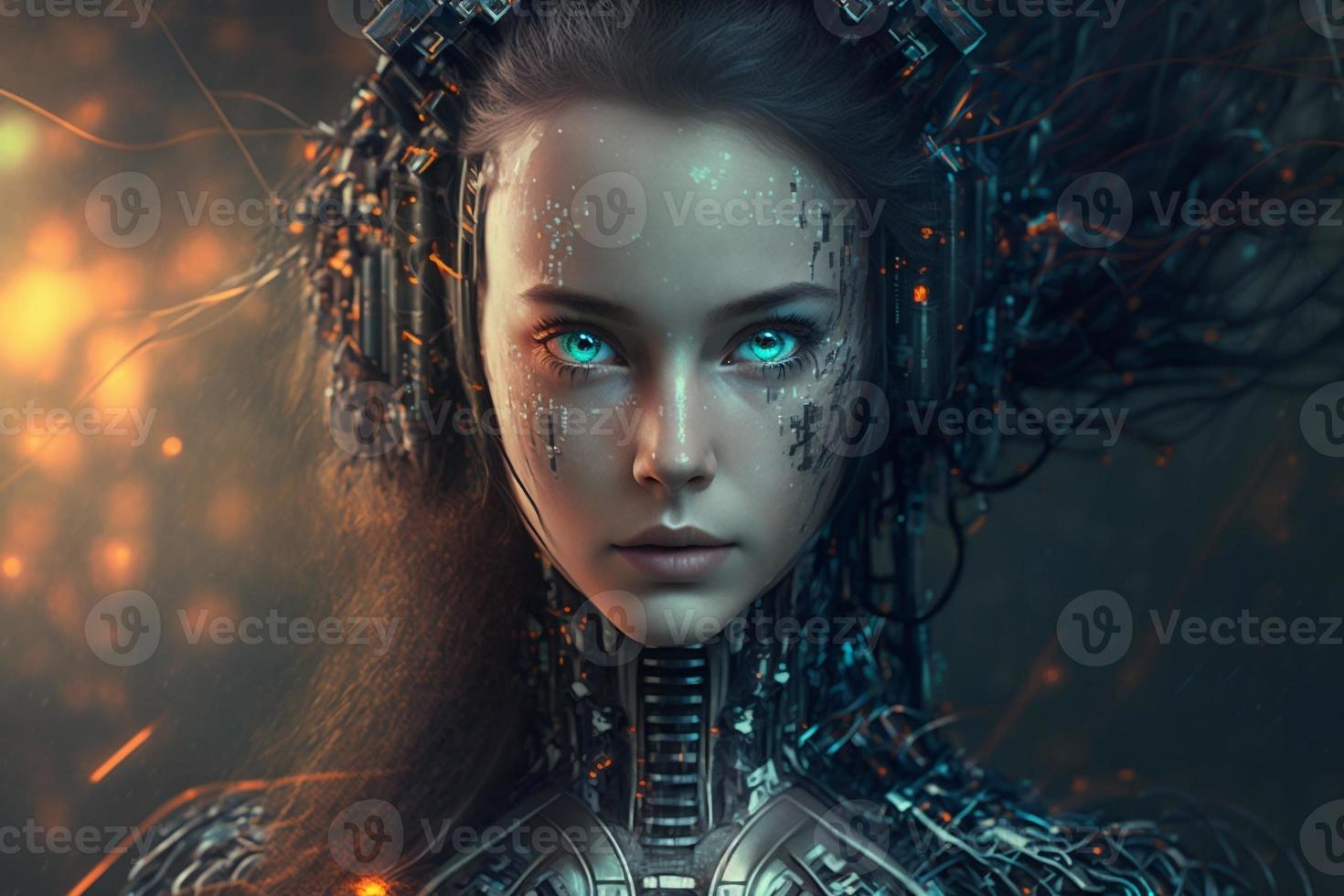 kunstmatig intelligentie- een humanoid cyber meisje met technologie slim robot ai. genereren ai foto