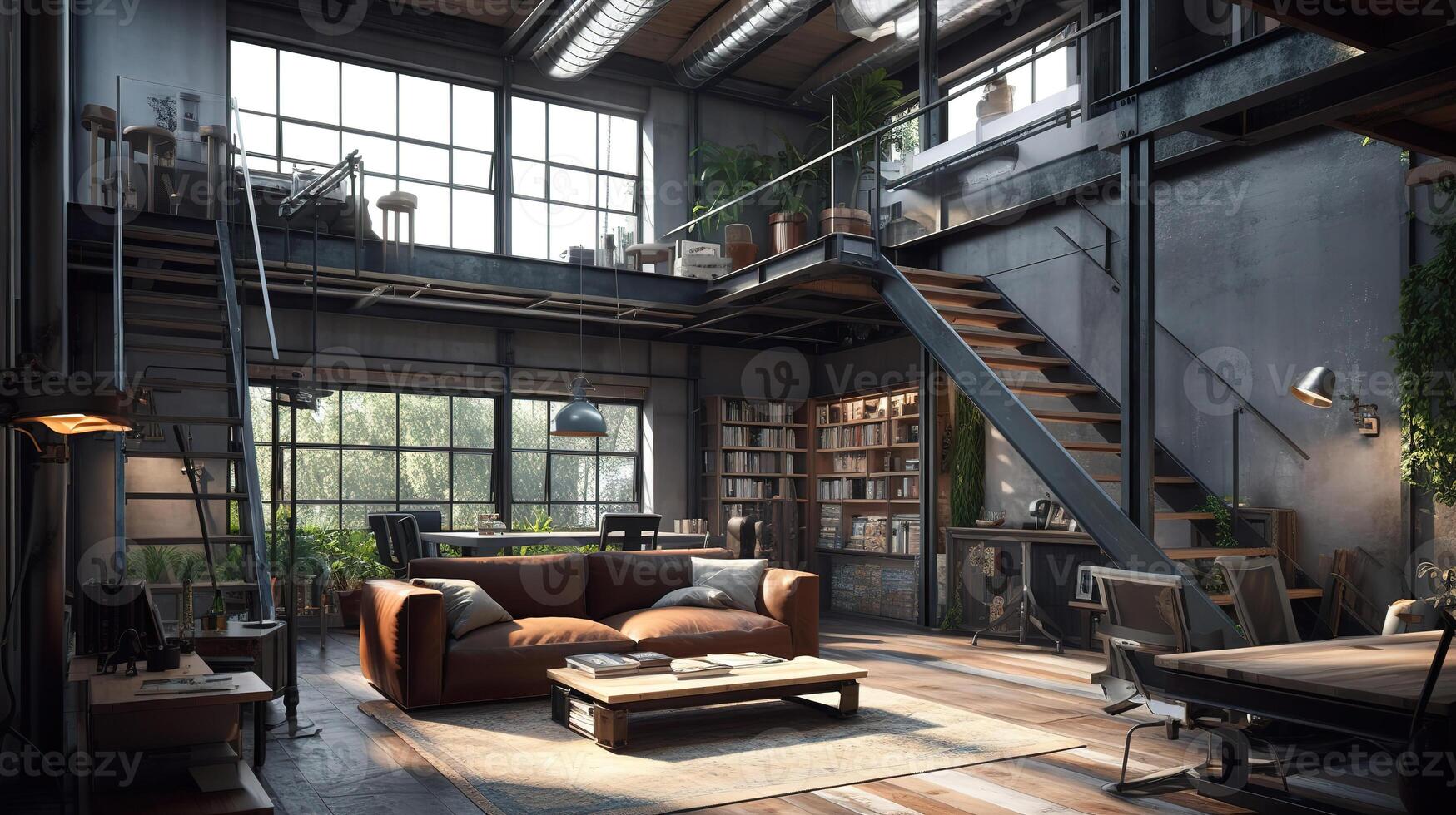 verbazingwekkend leven kamer zolder in industrieel stijl, 3d veroorzaken. generatief ai foto