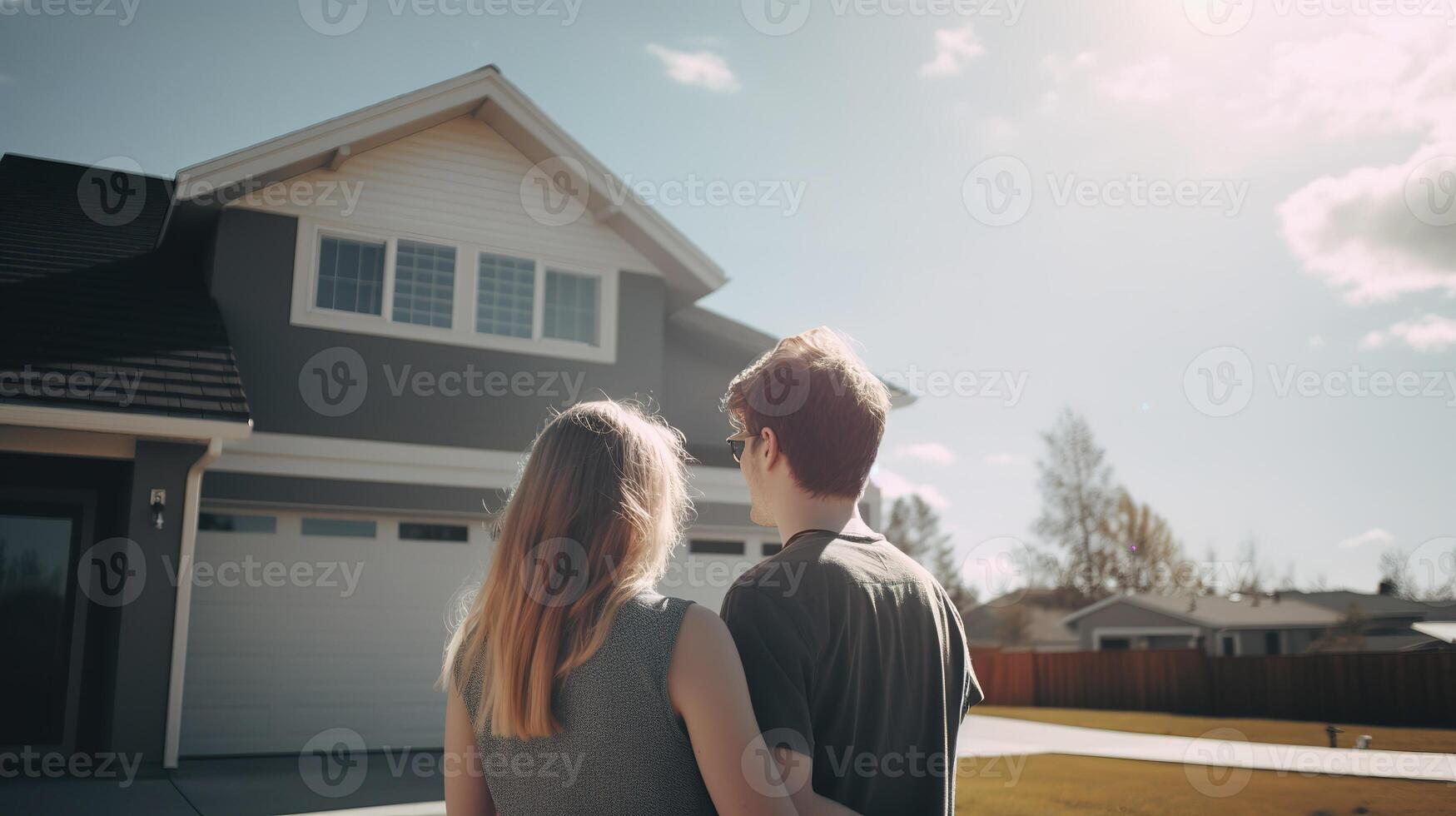 jong familie op zoek Bij hun nieuw huis. generatief ai foto