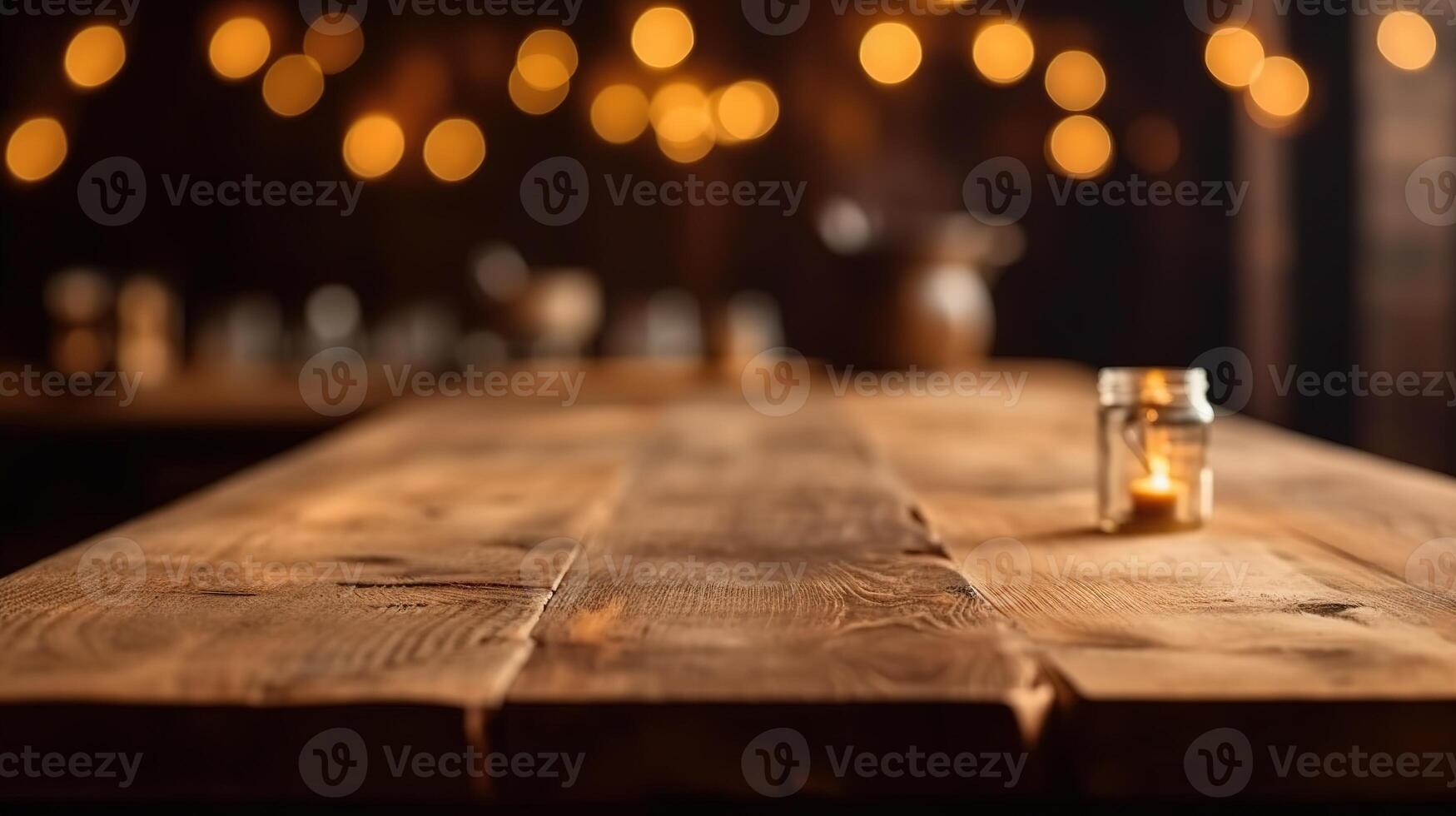 rustiek elegantie, Product vitrine Aan houten tafelblad met bokeh lichten. generatief ai foto