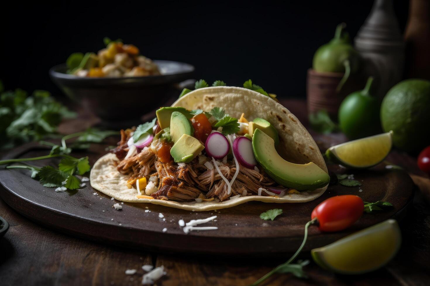 Mexicaans Amerikaans varkensvlees carnitas taco. illustratie ai generatief foto