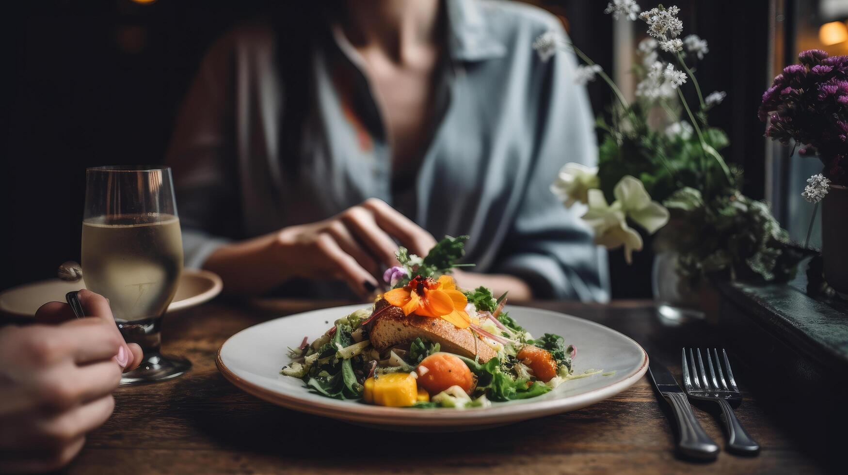 vrouw zittend met bloem boeket door voedsel Aan dining tafel illustratie ai generatief foto