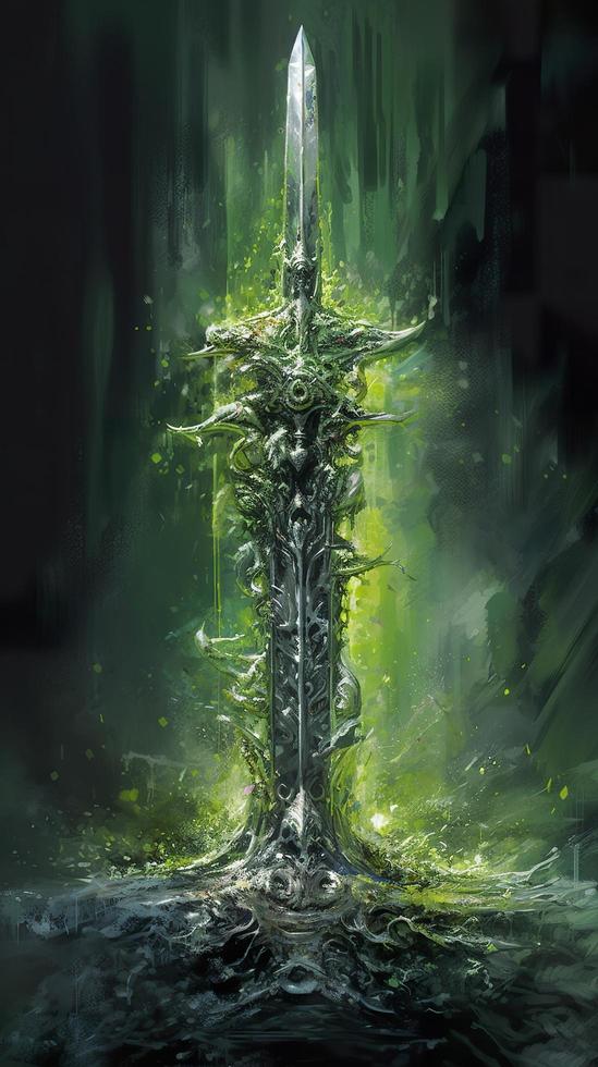 een groot afbeelding van een groen zwaard, in de stijl van smeltend, donker thema's, michael Lisowski, uhd afbeelding, aquarellist, kruid trimmen, genereren ai foto