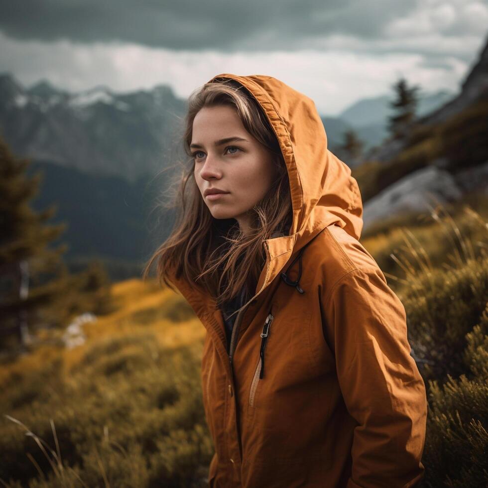 midden- oud vrouw wandelen en gaan camping in natuur gemaakt gebruik makend van generatief ai foto