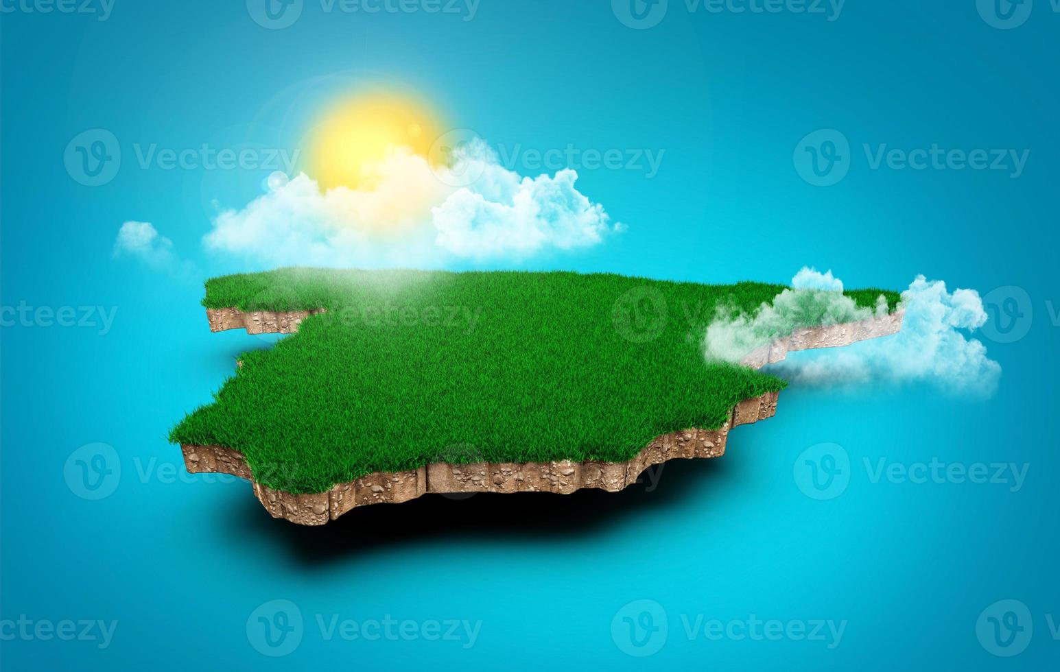 spanje kaart bodem land geologie dwarsdoorsnede met groen gras en rotsgrond textuur 3d illustratie foto