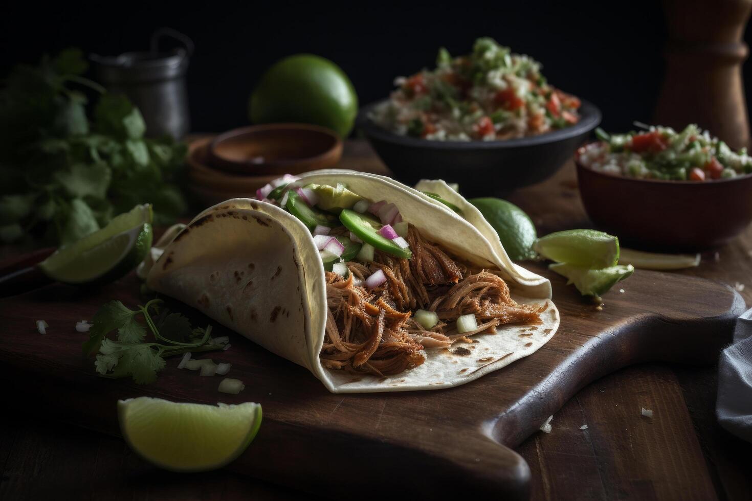 Mexicaans Amerikaans varkensvlees carnitas taco. illustratie ai generatief foto