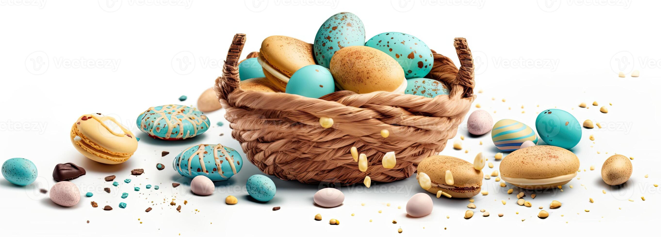 de Pasen mand met kleurrijk eieren en een weinig snoep, in de stijl van minimalistische achtergronden, konijn met eieren met een doos, in de stijl van zacht kleur mengen, illustratie generatief ai foto