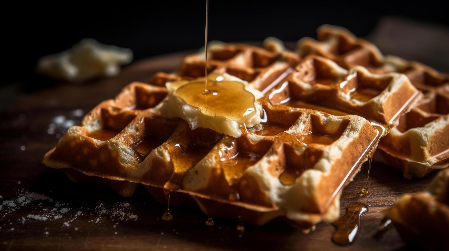 wafel met boter en esdoorn- siroop illustratie ai generatief foto