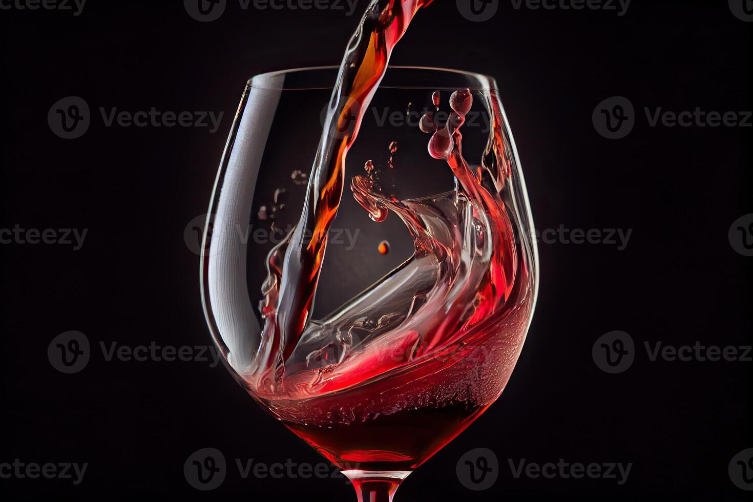 generatief ai illustratie van rood wijn is wezen gegoten van fles in gemakkelijk wijn glas, Aan een tafel met ongelooflijk voedsel foto