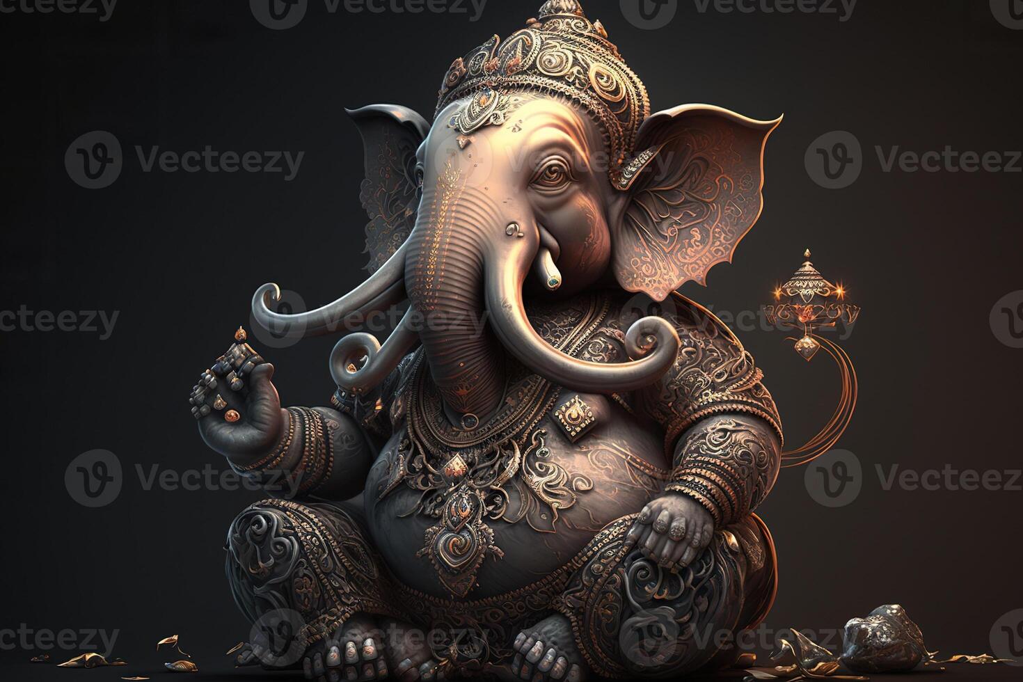 generatief ai illustratie van ganesha Hindoe god , met bloemen, olie schilderij genomen omhoog in de hemel, zittend in voorkant van bokeh mandala achtergrond foto