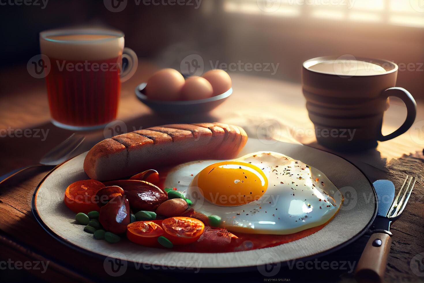 generatief ai illustratie van gebakken eieren en spek en hasj bruin en zwart pudding en champignons en geroosterd brood... foto