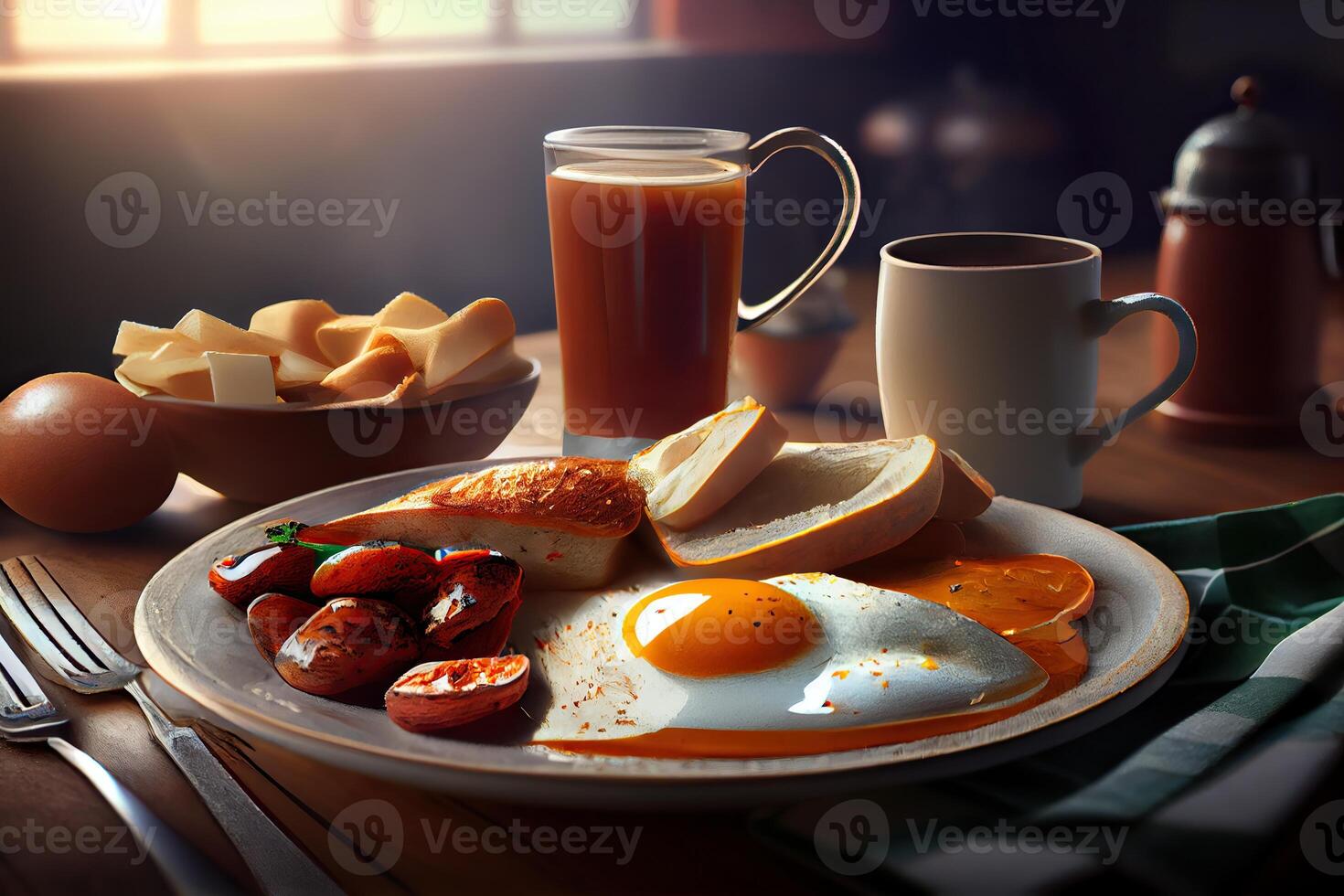 generatief ai illustratie van gebakken eieren en spek en hasj bruin en zwart pudding en champignons en geroosterd brood... foto