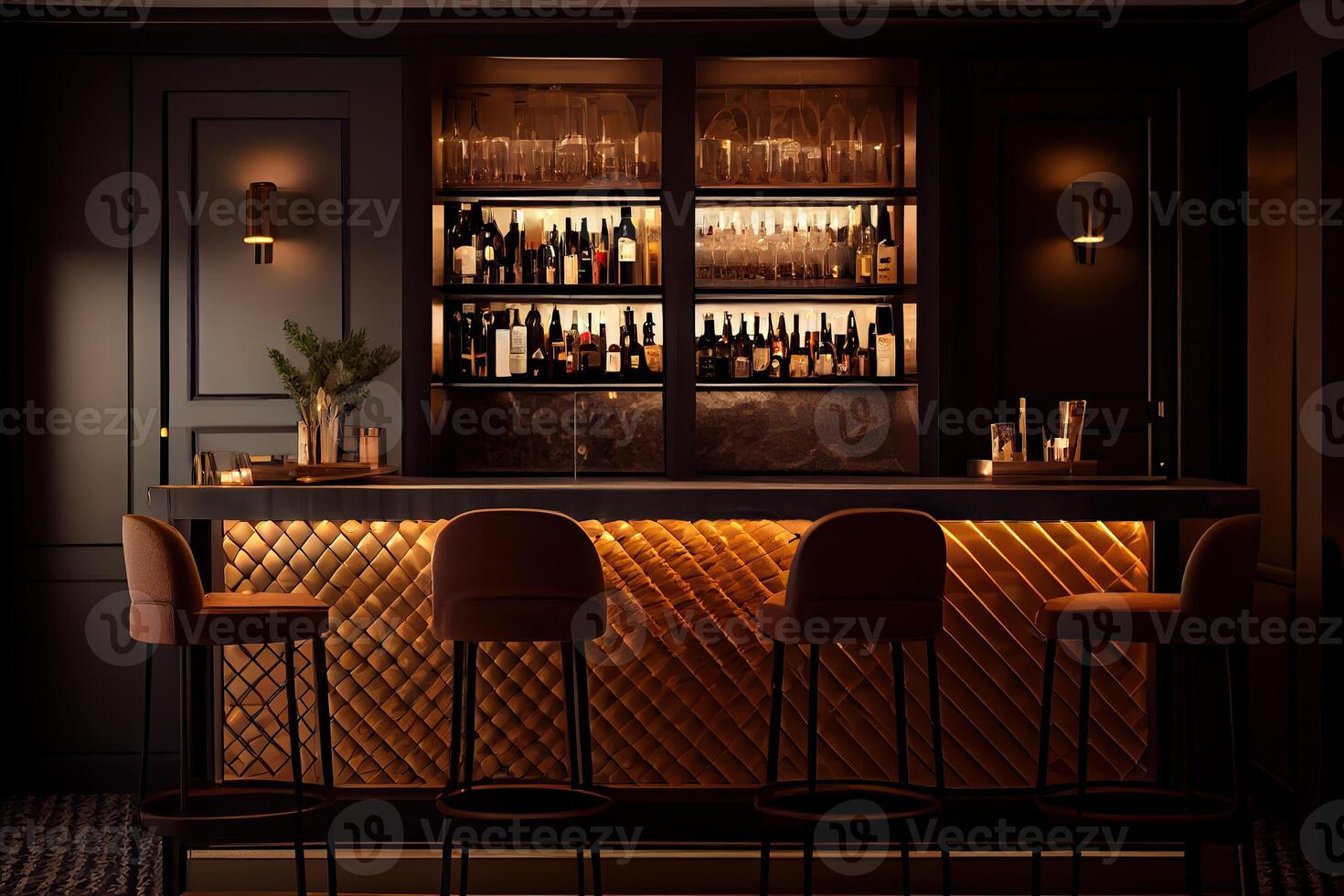 generatief ai illustratie van een lounge bar, dat omvat elementen zo net zo een goed verlicht bar balie, wijn bril, lit kaarsen en een ontspannen en gastvrij atmosfeer foto