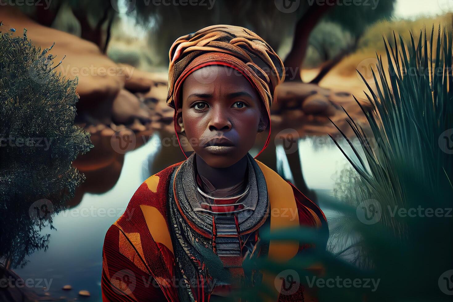 generatief ai illustratie van Afrikaanse natuur, water, aarde, planten, gras, bomen, intens Look, mooi foto