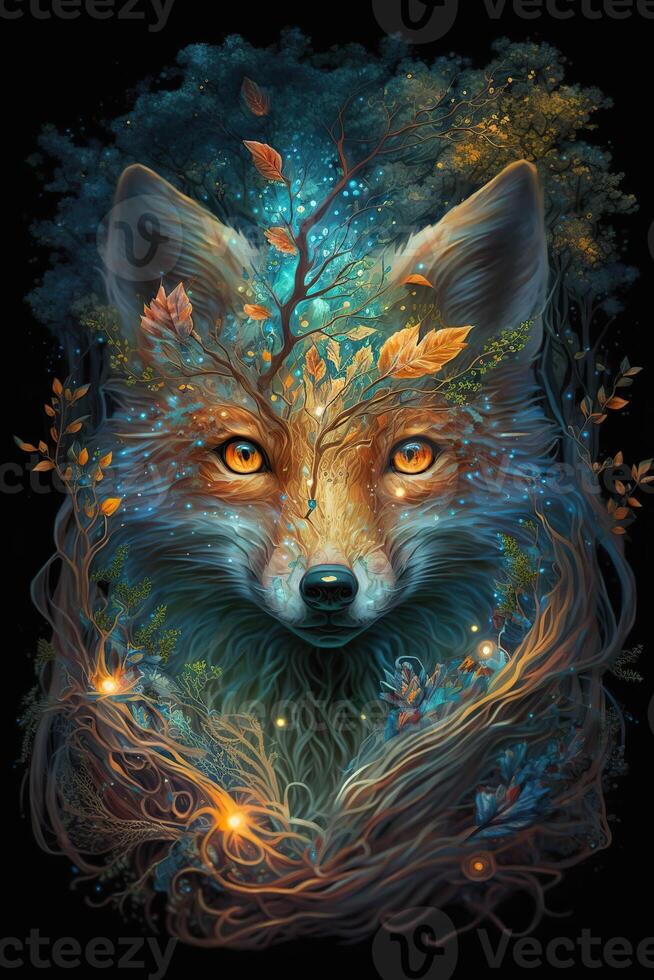 generatief ai illustratie van oude magisch gesmolten vos geest in een mystiek geheimzinnig Woud, schattig en symmetrisch ontwerp, zacht, verbluffend mooi, glinsterend, iriserend, bio luminescent bloemen foto
