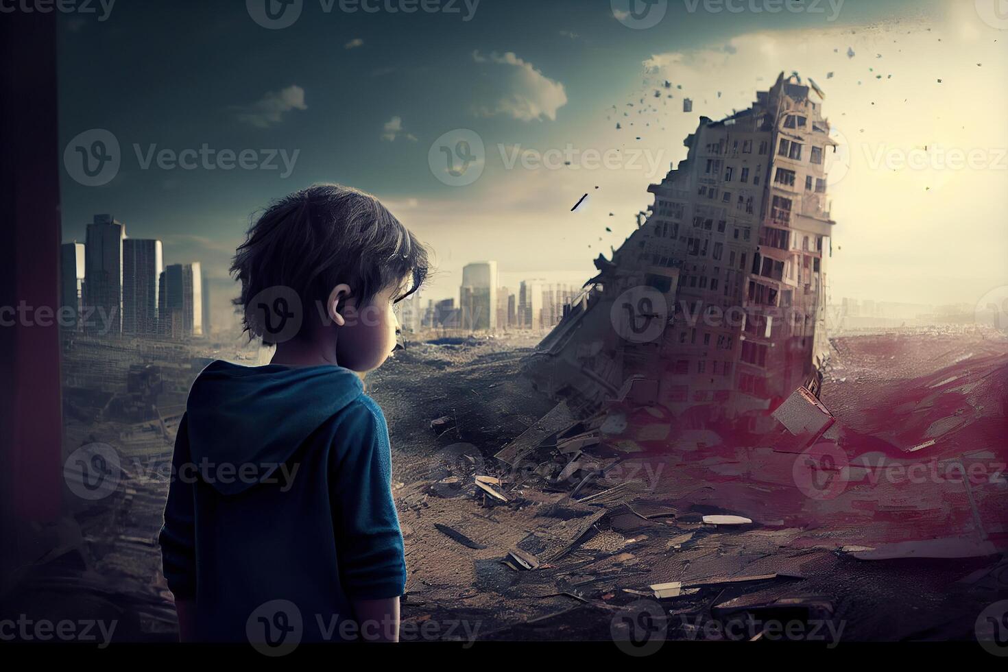generatief ai illustratie van een verdrietig kind staand in voorkant van ineenstorting gebouwen Oppervlakte, natuurlijk ramp of oorlog slachtoffer, leed landschap idee voor ondersteuning kinderen Rechtsaf foto
