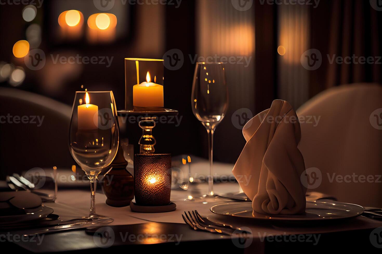 generatief ai illustratie van een restaurant tafel met een glas van wit wijn, zacht gouden licht, duur restaurant met mooi lichten in de achtergrond foto