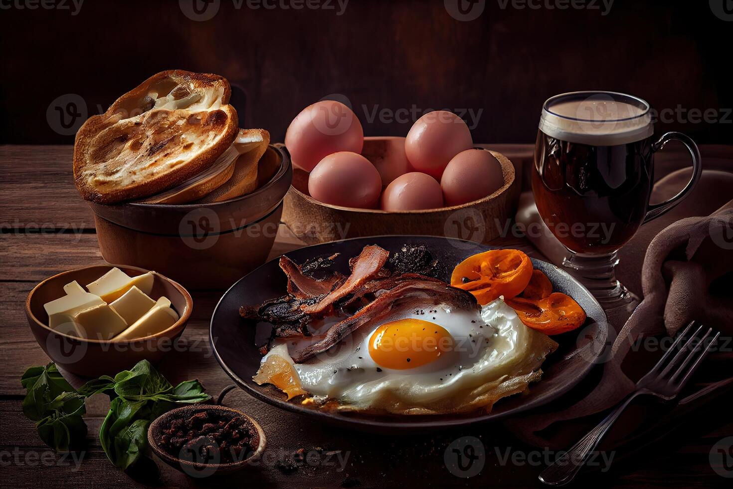 generatief ai illustratie van gebakken eieren en spek en hasj bruin en zwart pudding en champignons en geroosterd brood... foto