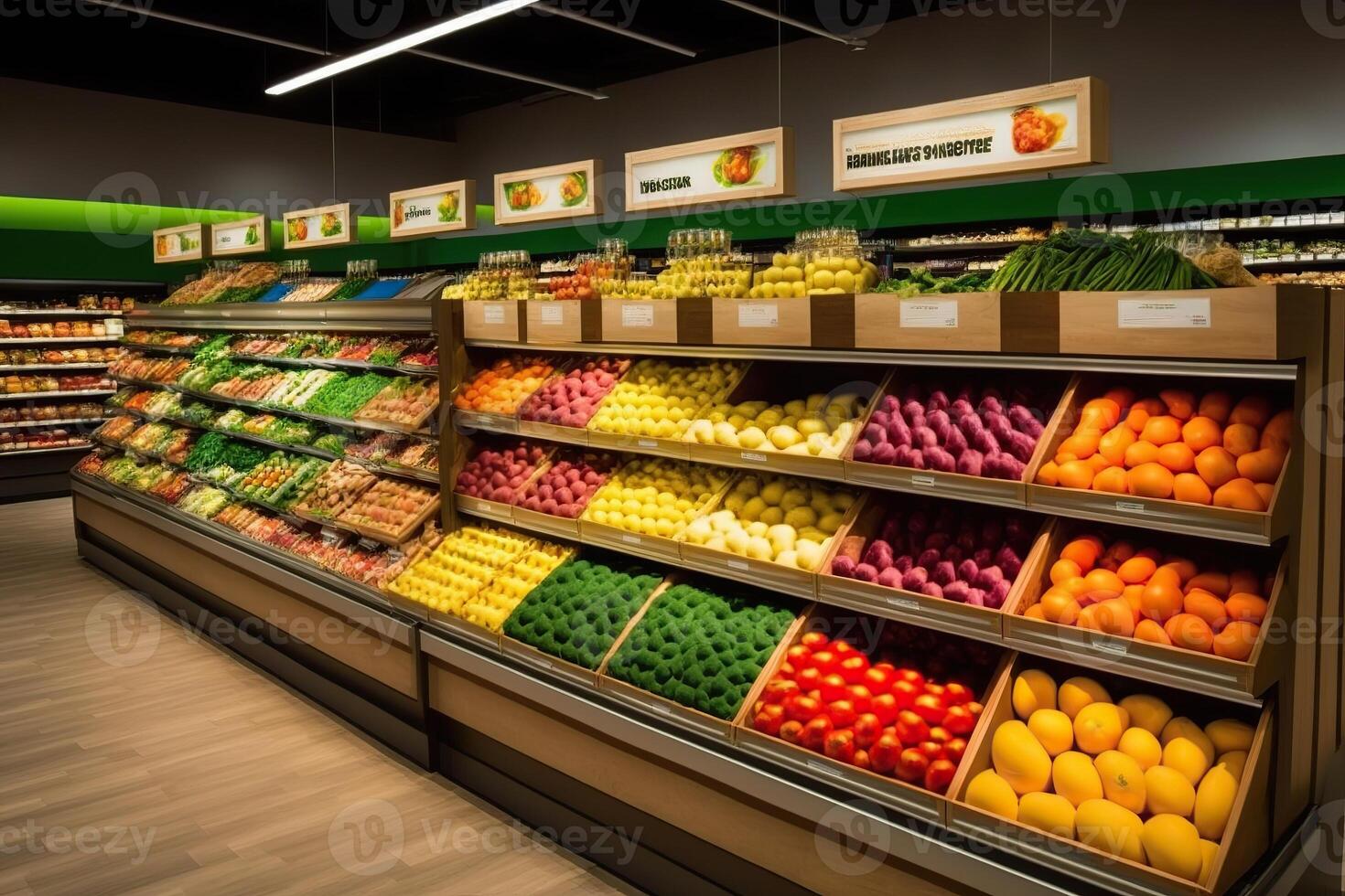 generatief ai illustratie van vers en kleurrijk, fruit en groente sectie van de supermarkt foto