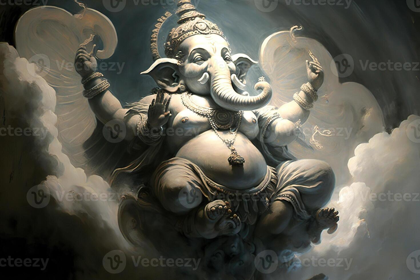 generatief ai illustratie van ganesha Hindoe god , met bloemen, olie schilderij genomen omhoog in de hemel, zittend in voorkant van bokeh mandala achtergrond foto