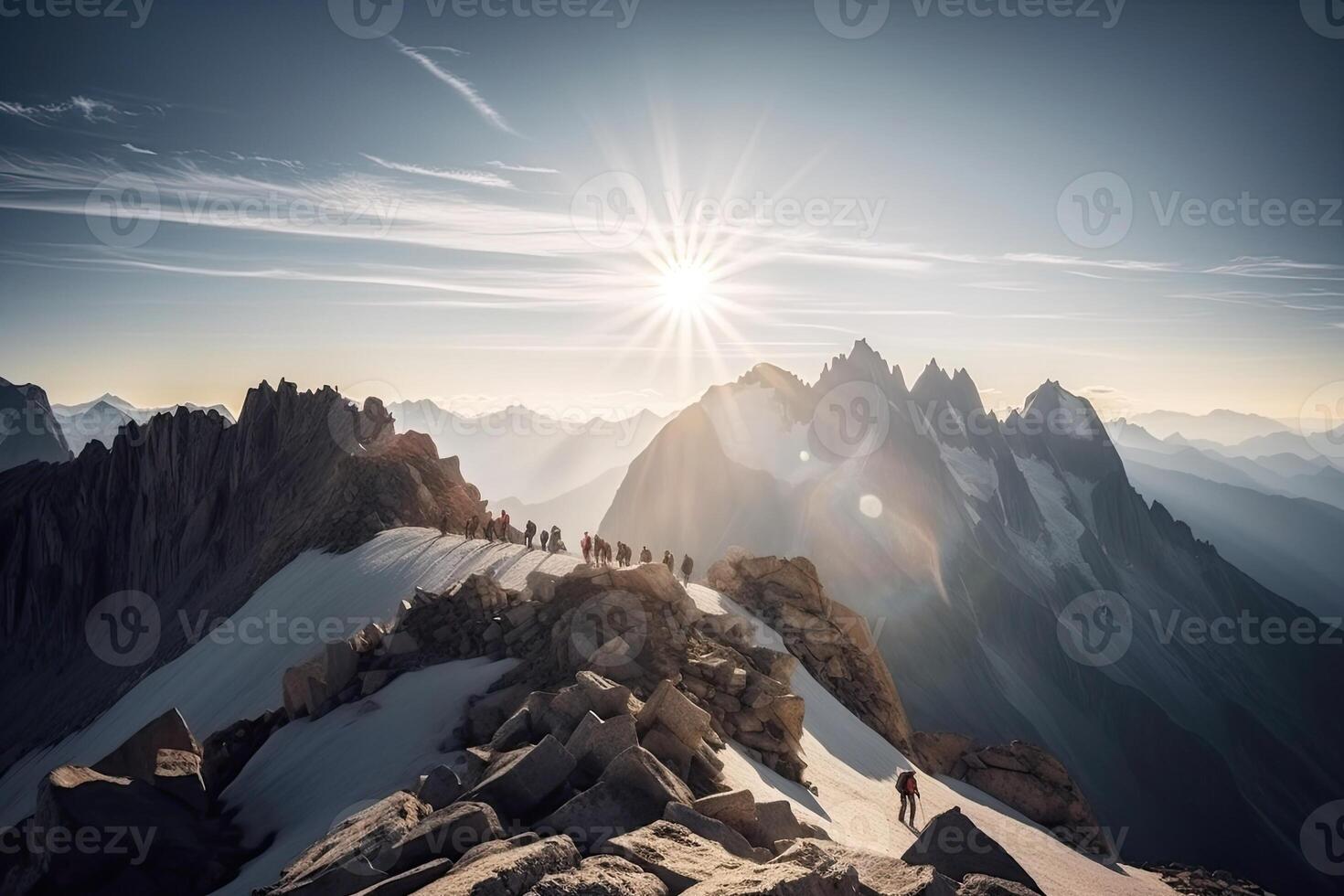 generatief ai illustratie van groep van bergbeklimmers. meerdere hoog alpine klimmers in voorkant van een gigantisch berg foto