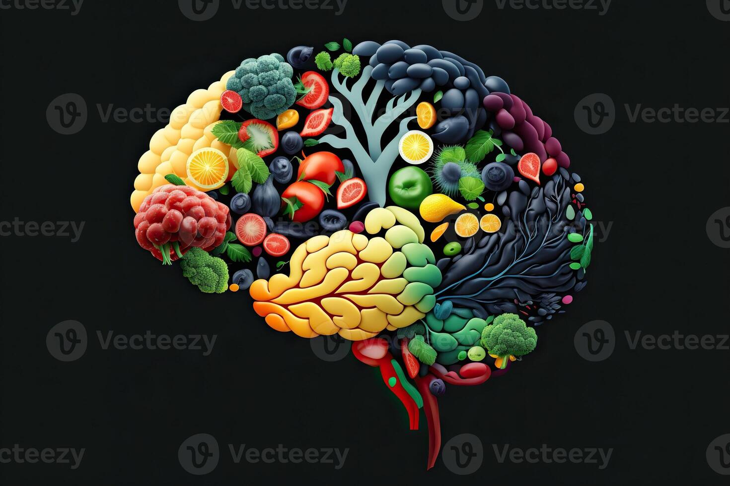 generatief ai illustratie van menselijk hersenen gemaakt van fruit en groenten. concept van voedzaam voedingsmiddelen voor hersenen Gezondheid en geheugen foto