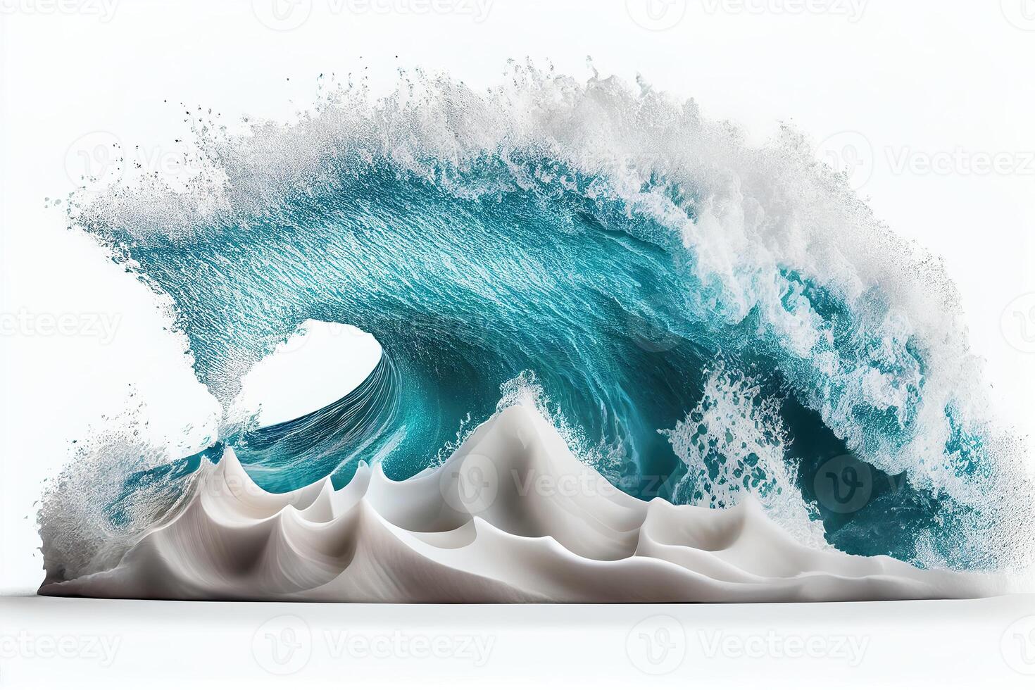 generatief ai illustratie van blauw oceaan golven met wit schuim, solide wit achtergrond foto