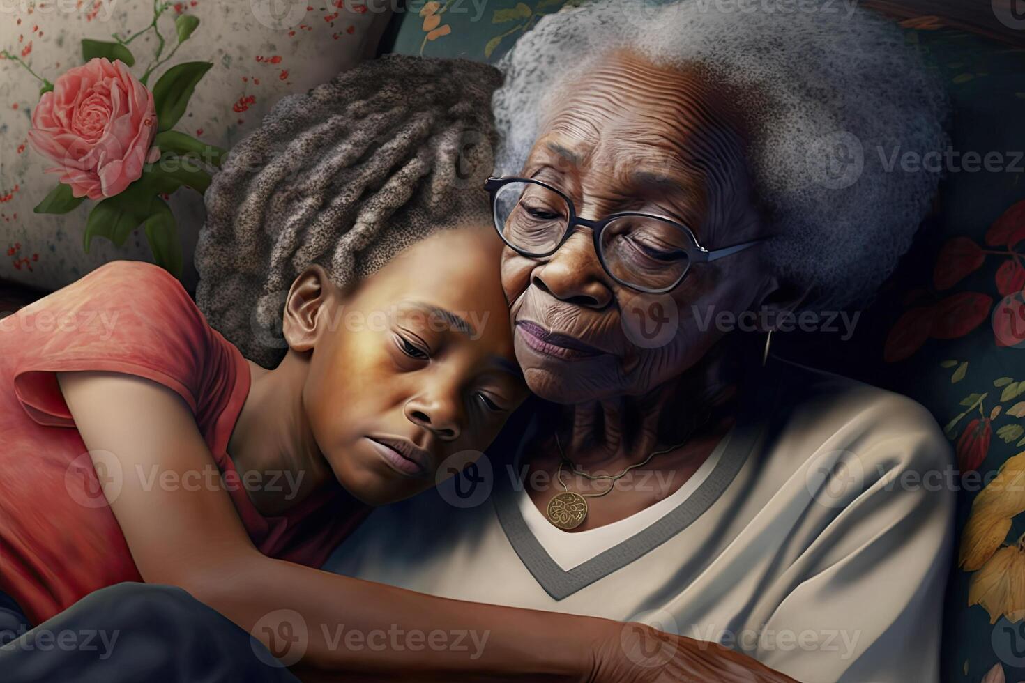 generatief ai illustratie van Afrikaanse Amerikaans Super goed grootmoeder troostend tiener meisje, bank, houdende in ronde foto