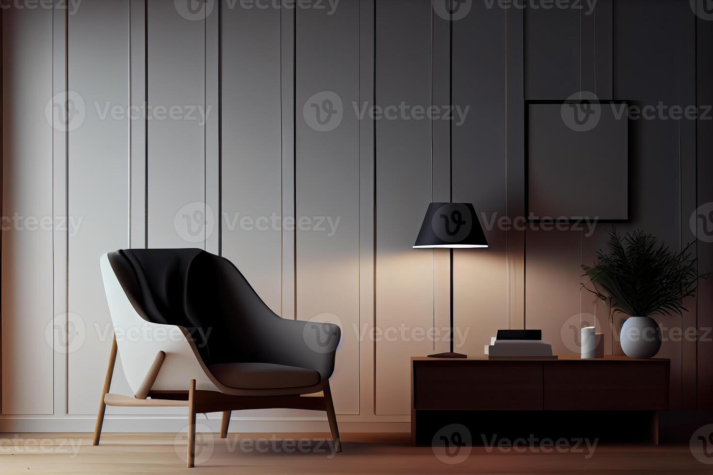 generatief ai illustratie van fauteuil, koffie tafel, hout paneel, verdieping lamp, en blanco muur in modern minimalistische kamer. bespotten omhoog voor een illustratie. foto