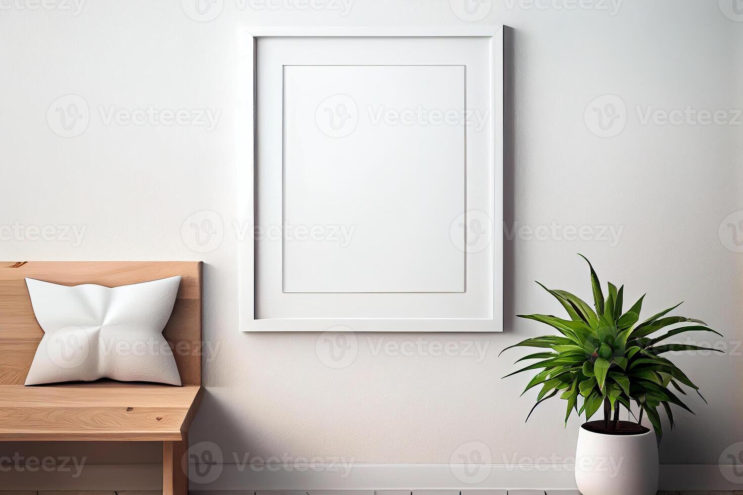 generatief ai illustratie van verticaal blanco afbeelding kader model, kader Aan de muur, natuur decoratie, midden eeuw leven kamer. bespotten omhoog voor een illustratie. foto