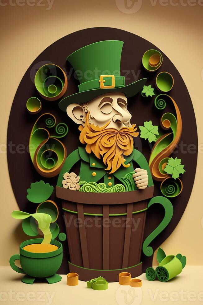 generatief ai illustratie van grillig Iers tekenfilm, sharock, bier, groente, pot van goud, gelukkig st Patrick dag, filigraan papier besnoeiing kunst foto