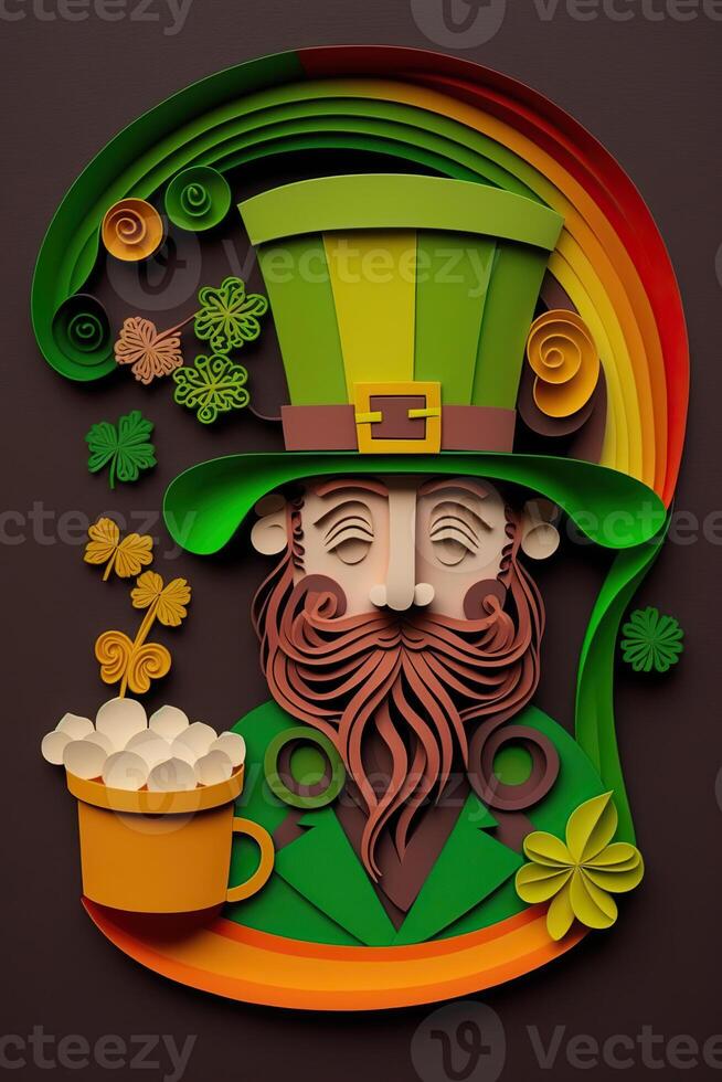 generatief ai illustratie van grillig Iers tekenfilm, sharock, bier, groente, pot van goud, gelukkig st Patrick dag, filigraan papier besnoeiing kunst foto