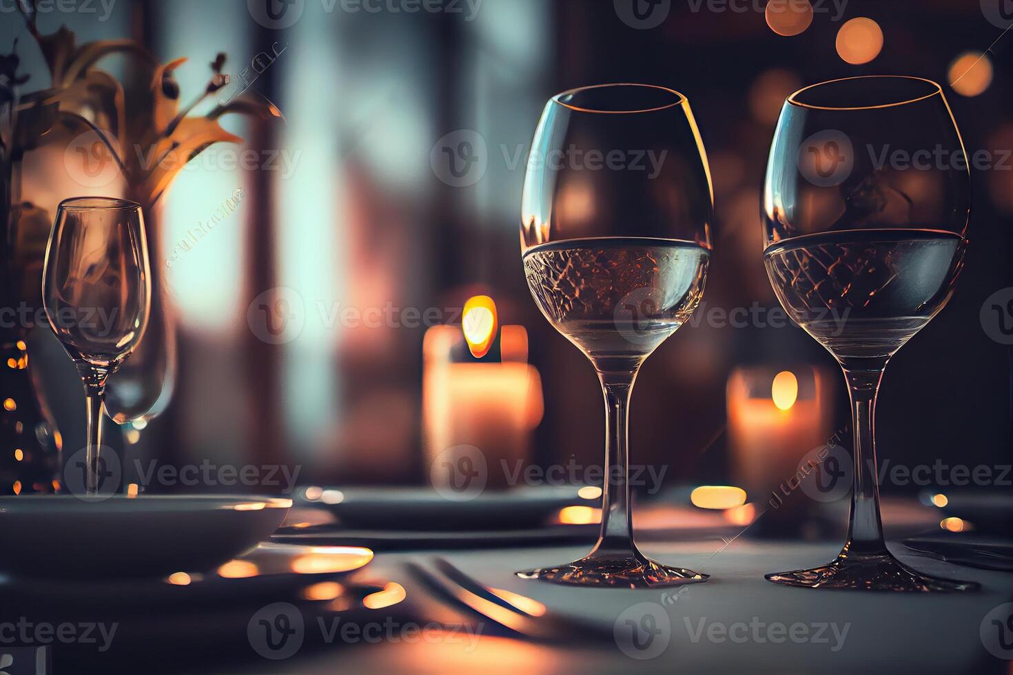 generatief ai illustratie van een restaurant tafel met een glas van wit wijn, zacht gouden licht, duur restaurant met mooi lichten in de achtergrond foto