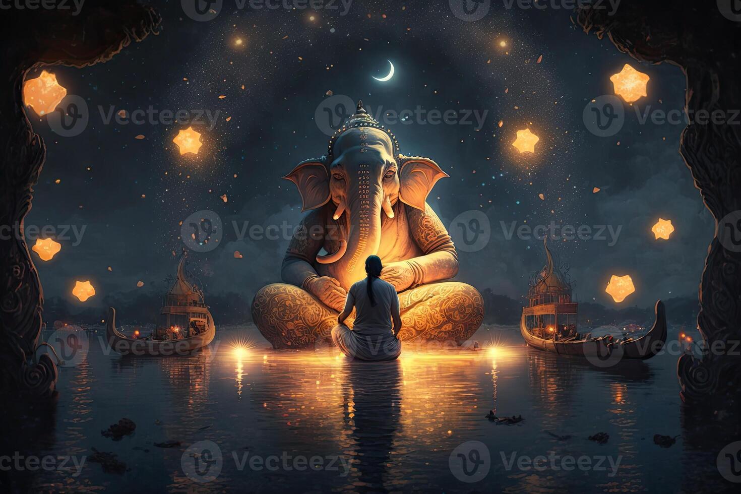 generatief ai illustratie van ganesha Hindoe god , met bloemen, olie schilderij genomen omhoog in de hemel, zittend in voorkant van bokeh mandala achtergrond foto