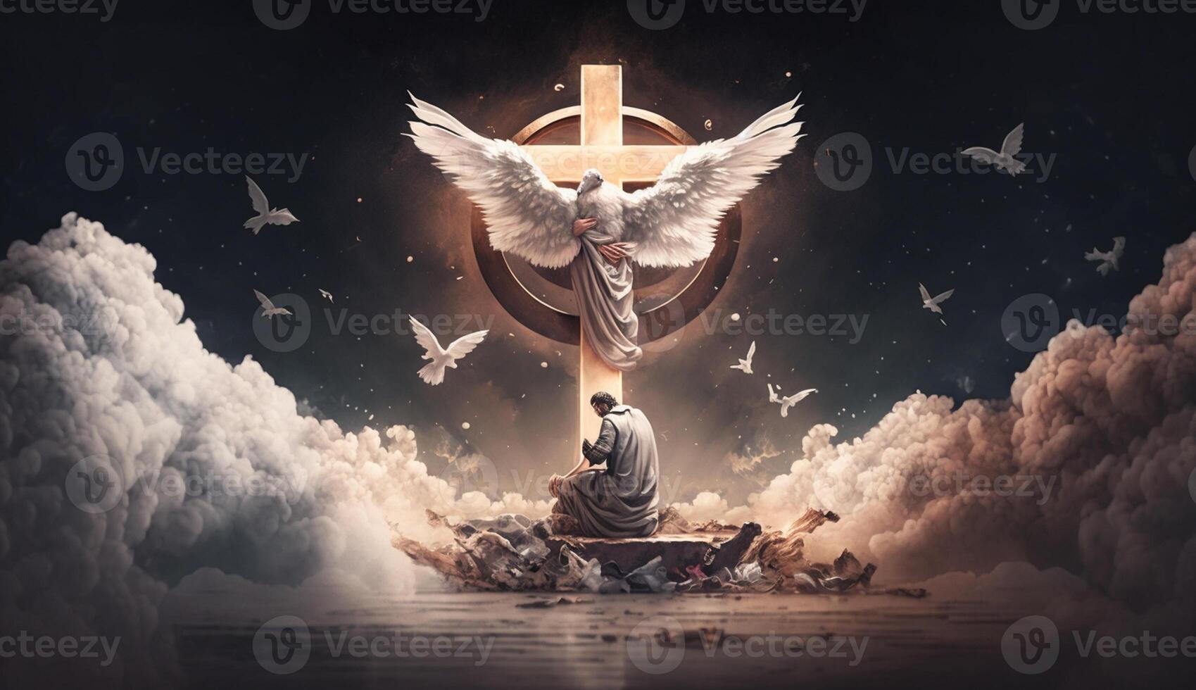 illustratie van Jezus bidden omringd door duiven Aan een wolk, generatief ai foto
