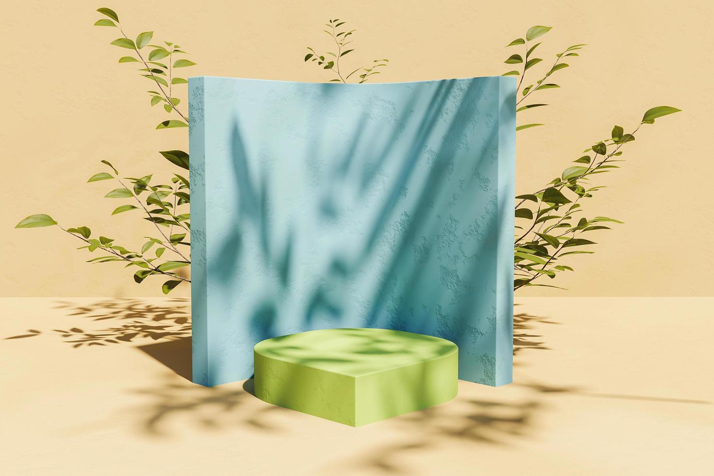 staan voor productvertoning met achtervegetatie en bladschaduw, 3D-rendering foto