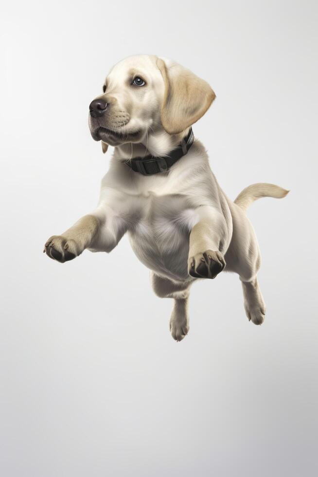 labrador retriever puppy vliegend in de lucht. generatief ai. foto
