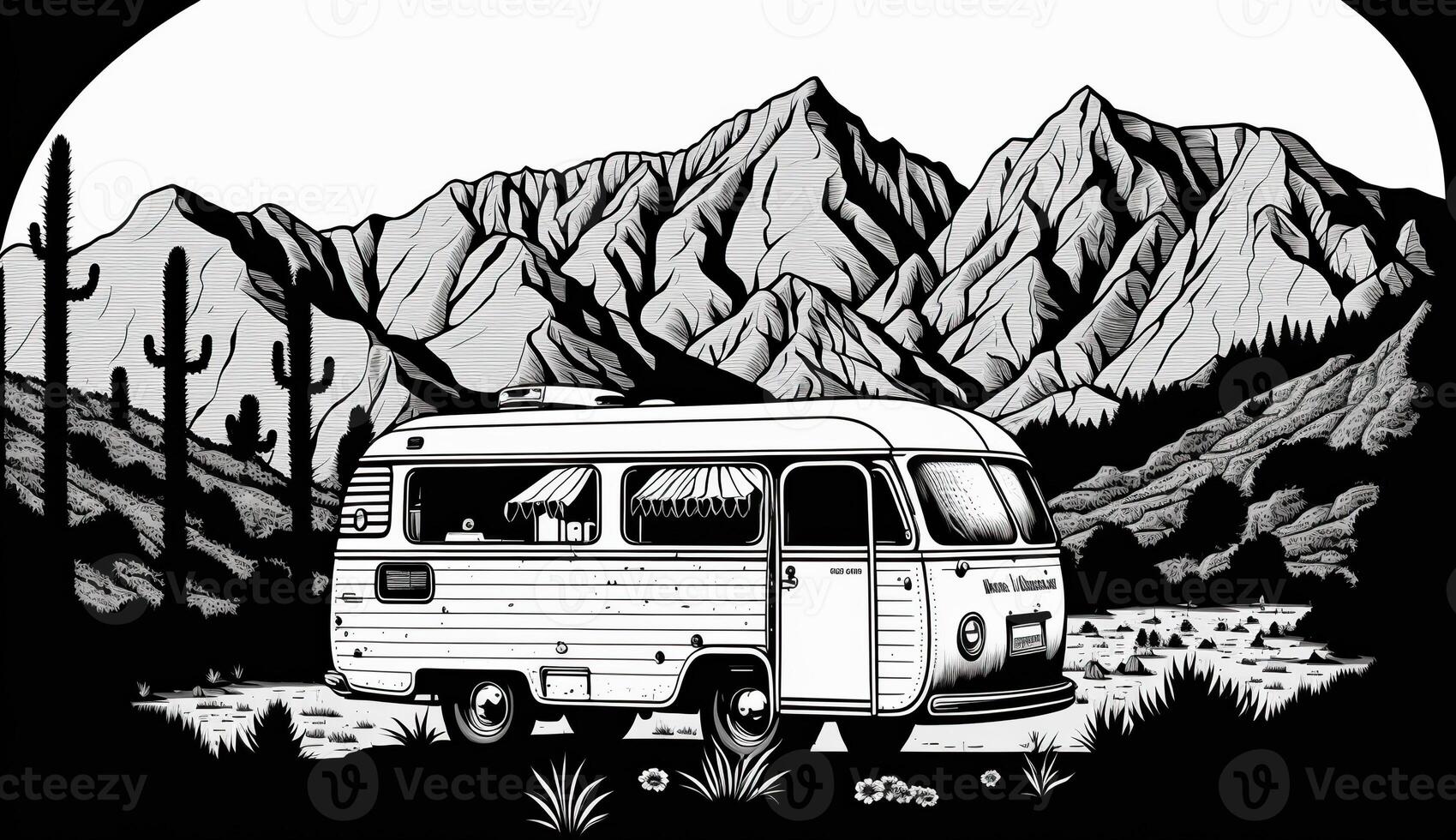 ai gegenereerd. ai generatief. generatief ai. wijnoogst retro camper rv huis vrachtwagen. avontuur reis reis motiverende poster. kan worden gebruikt voor decoratie en inspiratie. grafisch kunst foto