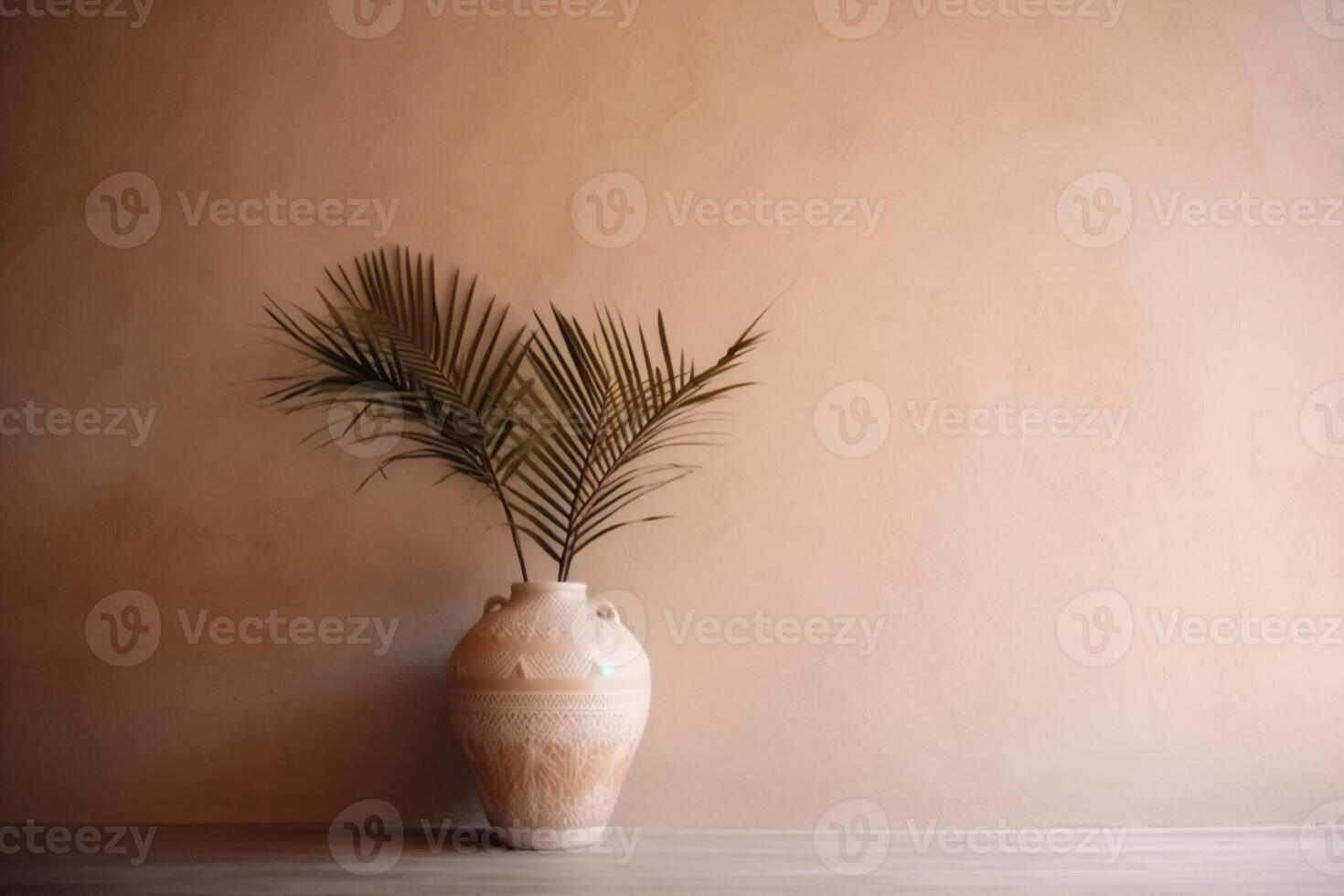 ai gegenereerd binnen- visie met pot en palm bladeren foto
