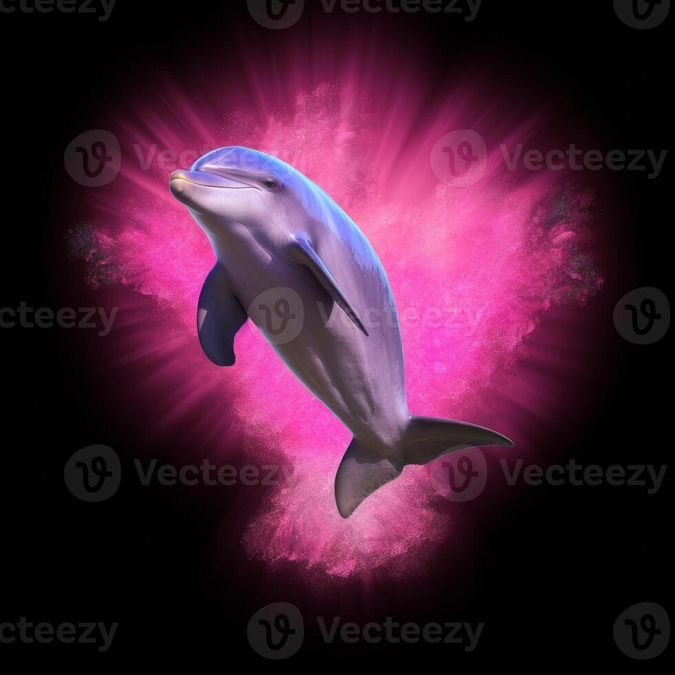 een mooi roze dolfijn Aan roze licht en zwart achtergrond generatief ai foto
