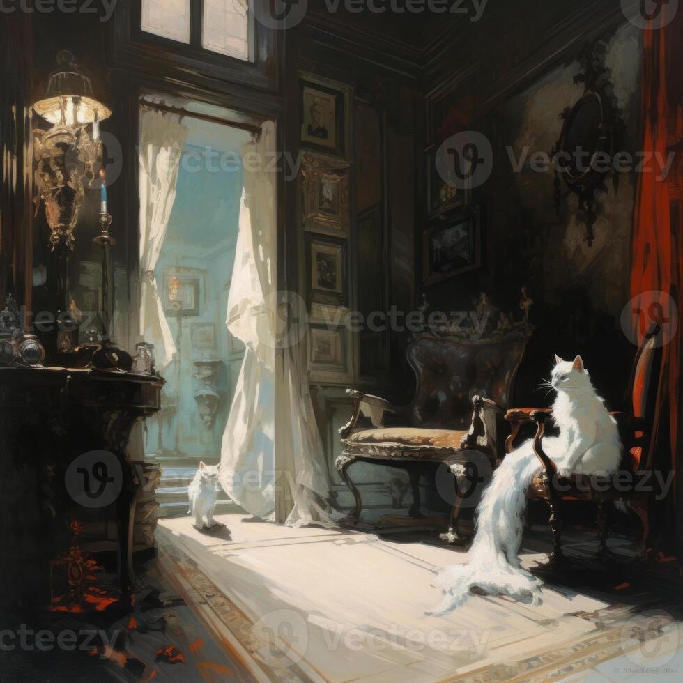 een heroïsch wit kat zit Aan de stoel in een achtervolgd Victoriaans huis generatief ai foto
